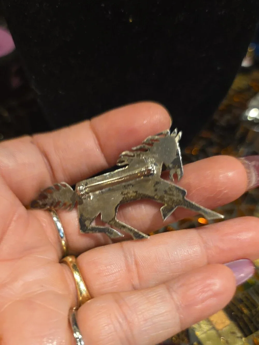 Silver Horse Brooch with Turquoise and Black Inlay